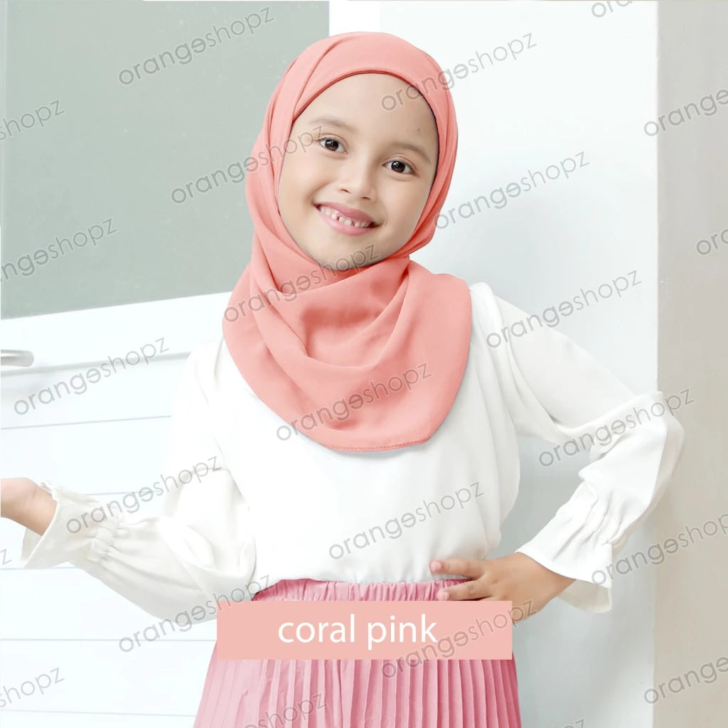 PREORDER Orangeshopz - Pashmina Hijab With Attached Inner (onesize fit 2-10y) Coral Pink