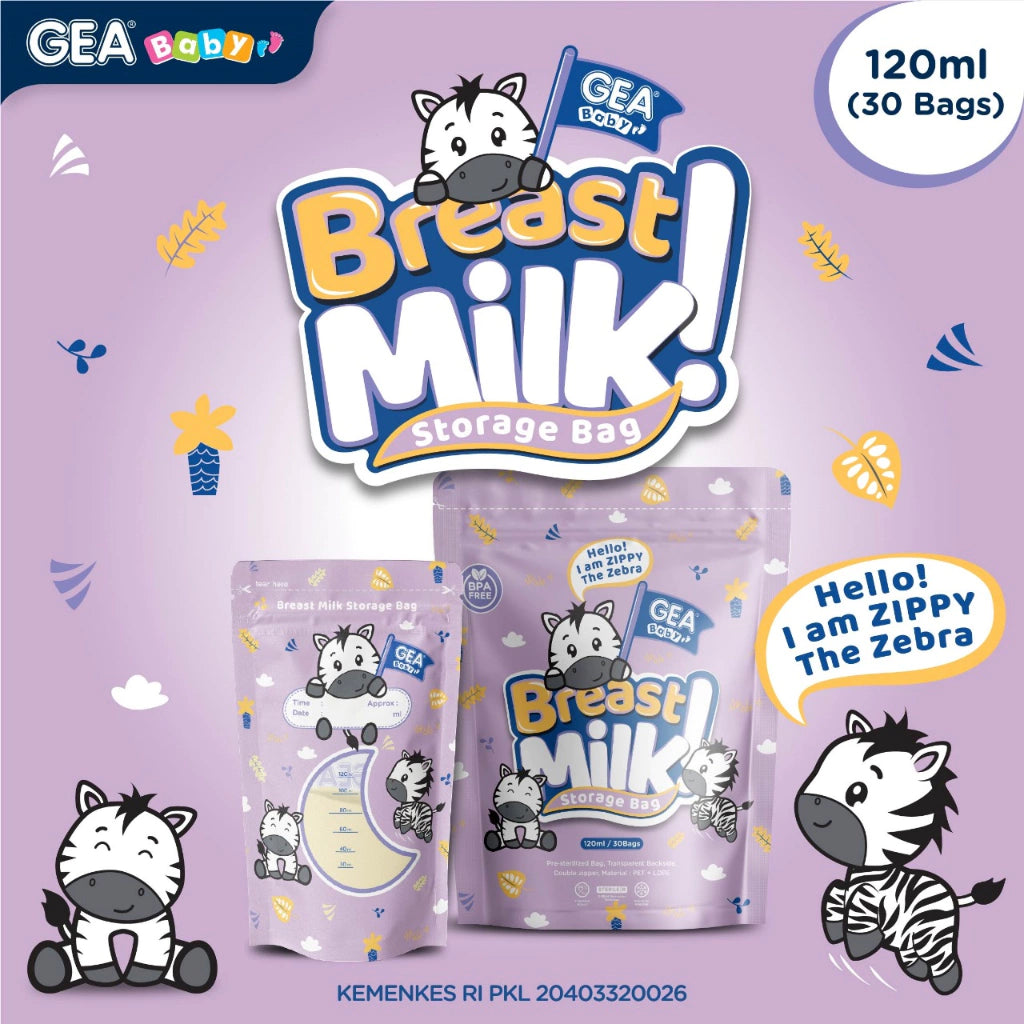 PREORDER Gea Baby Breastmilk Bags in Pouch 120ml Zebra