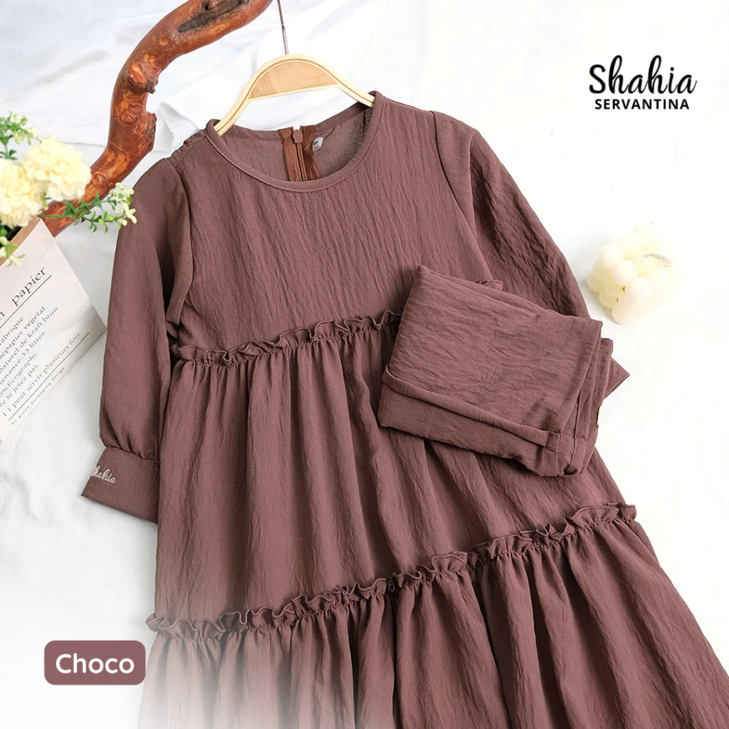 PREORDER Shahia - Ameena Gamis Dress with Hijab Choco XXL (9-10y)