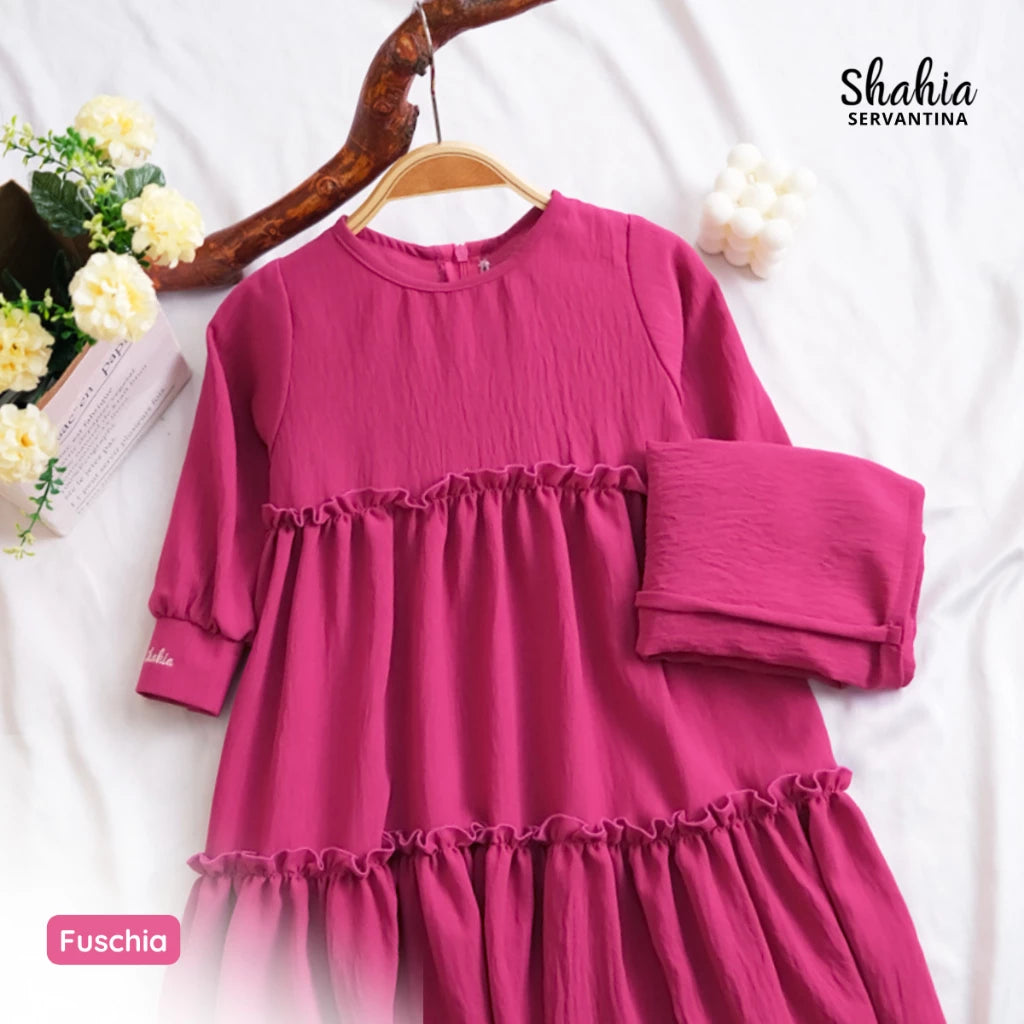 PREORDER Shahia - Ameena Gamis Dress with Hijab Fuscia S (1-2y)